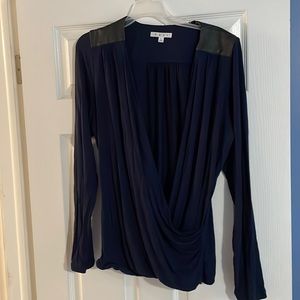 Cabi shirt with leather shoulder patches